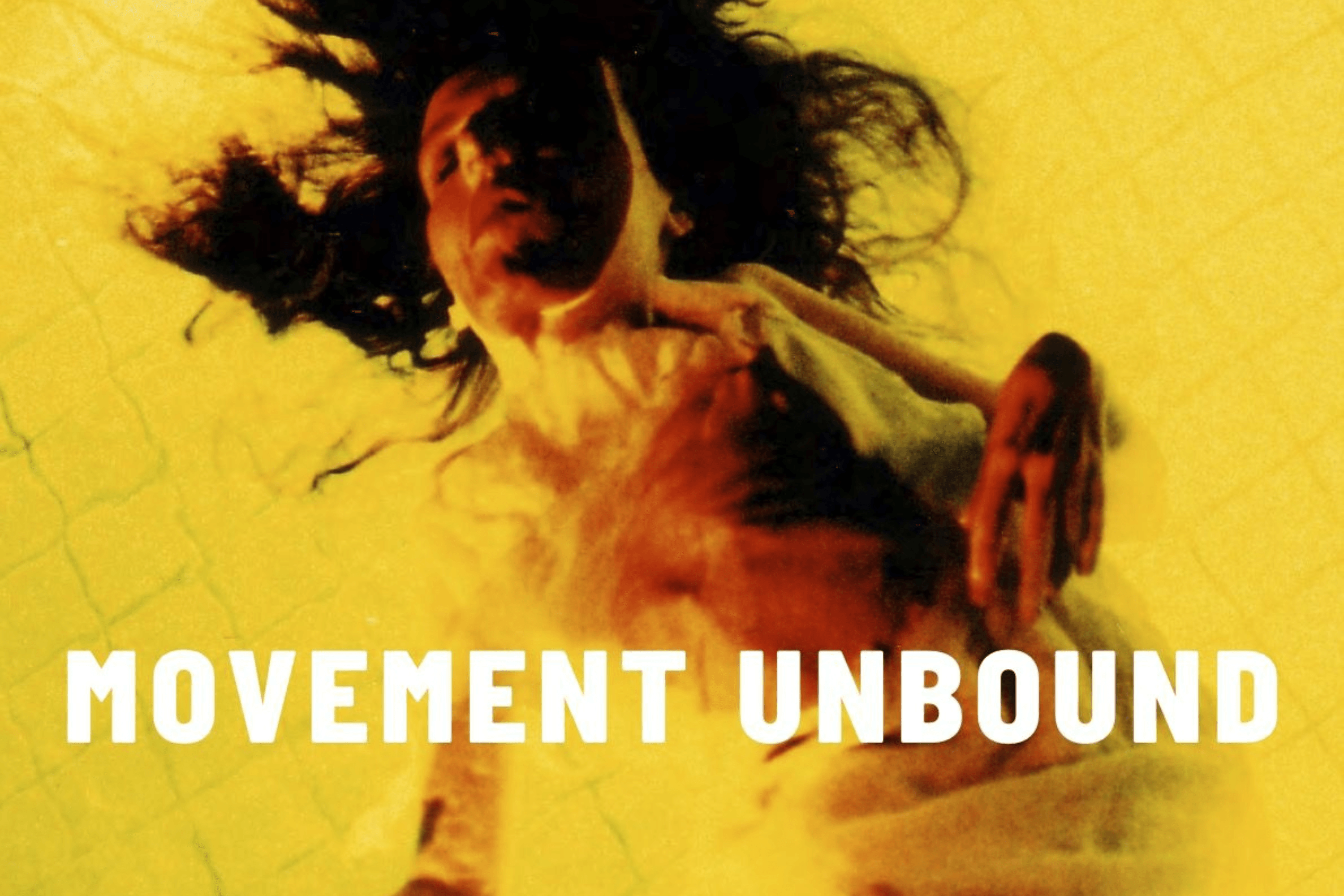 Gelbes Filmmotiv mit einer tanzenden Person und dem weißen Schriftzug „Movement Unbound“.
