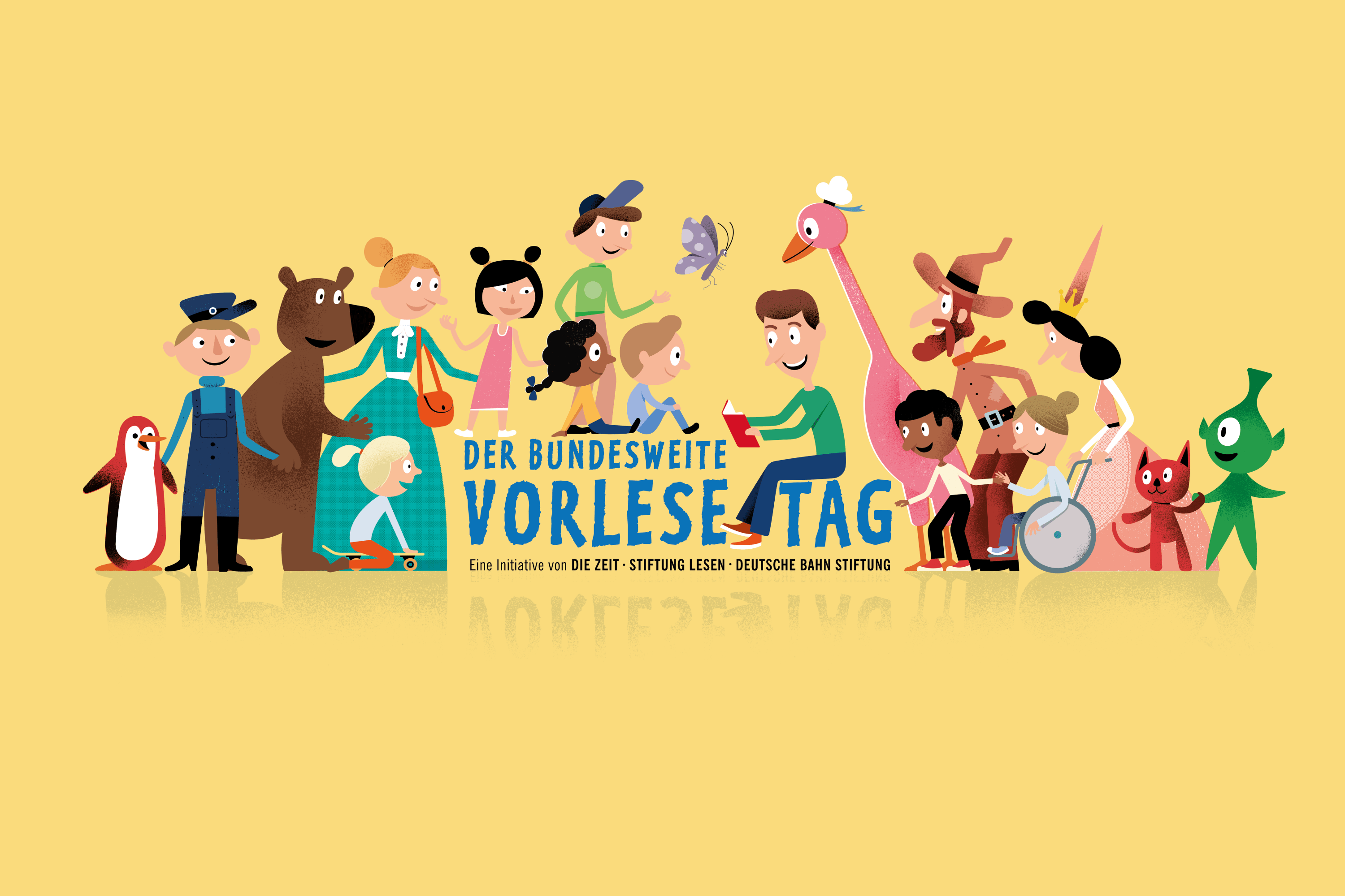 Illustration zum Bundesweiten Vorlesetag mit Kindern, Erwachsenen, Tieren und Fantasiefiguren rund um den Schriftzug „Der Bundesweite Vorlesetag“